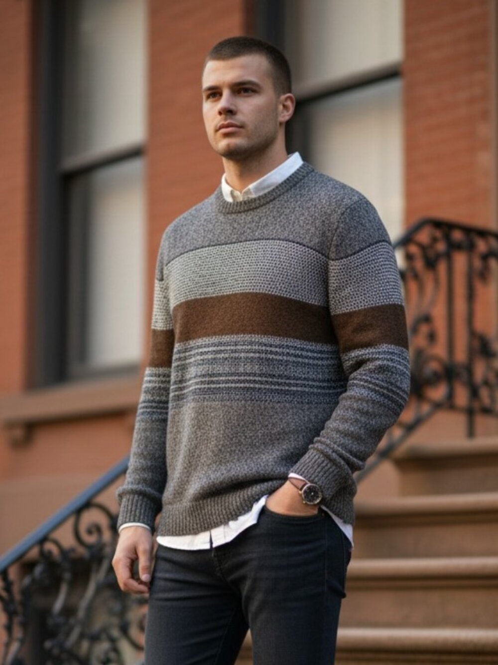 Commerce Pacific Hthr Crew Neck Sweater XXL NWT Stripe Brown Blue Stitch Fix